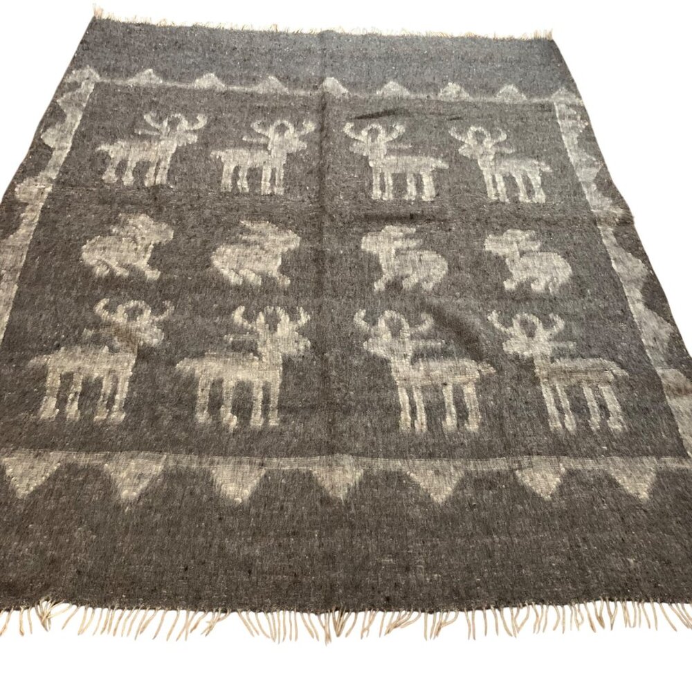 VTG Gray Woolen Reindeer Rabbit Pattern Blanket Throw Fringe Edges Handloom